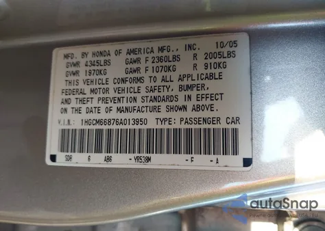 2006 Honda Accord 3.0 Ex из США, поврежденный, VIN 1HGCM66876A013950